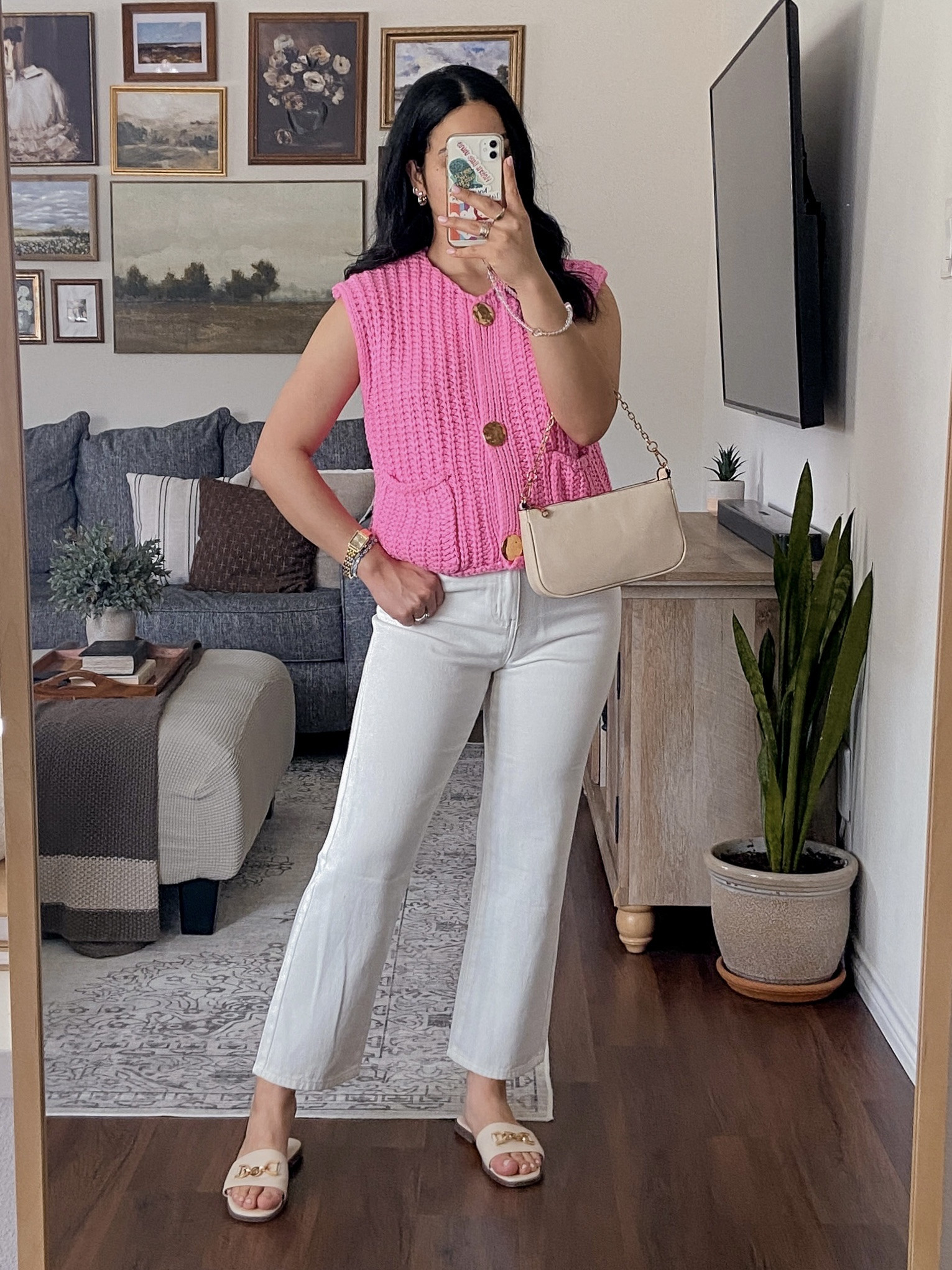a hot pink kind of day, but make it relaxed & casual 🩷 this crochet knit vest top is so soft and cozy, obsessed with the bold color. it’s a great piece for spring— before the weather gets too warm to wear a thick knit out haha. i paired it with white and cream pieces to let the pink really pop! 

#LTKStyleTip #LTKFindsUnder50 #LTKSeasonal