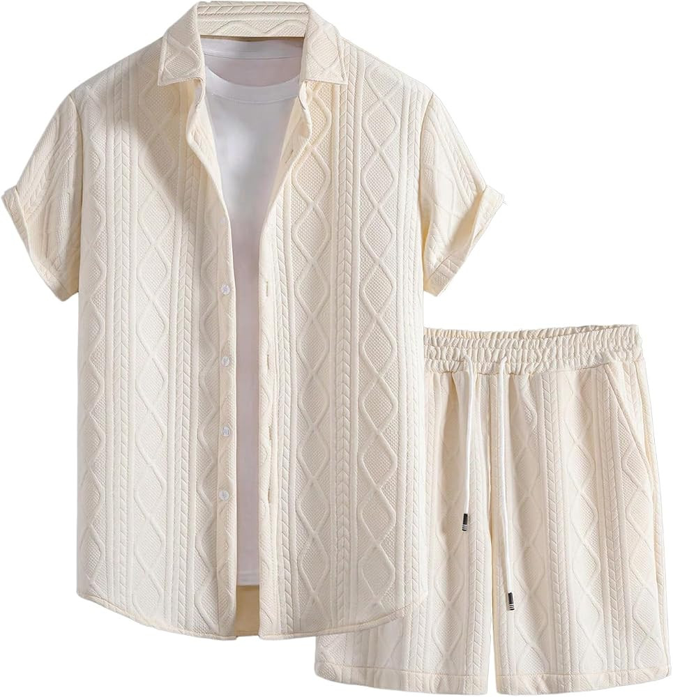 GORGLITTER Men's 2 Piece Outfits Waffle Knit Button Down Shirt Top and Shorts Set | Amazon (US)