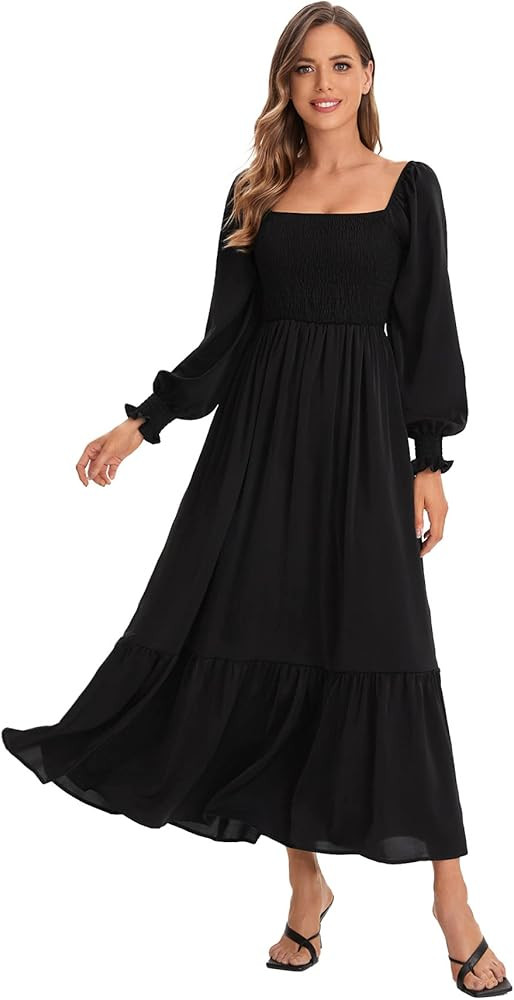 WDIRARA Women's Square Neck Flounce Shirred Ruffle Hem Elegant Long Sleeve Maxi Dress | Amazon (US)