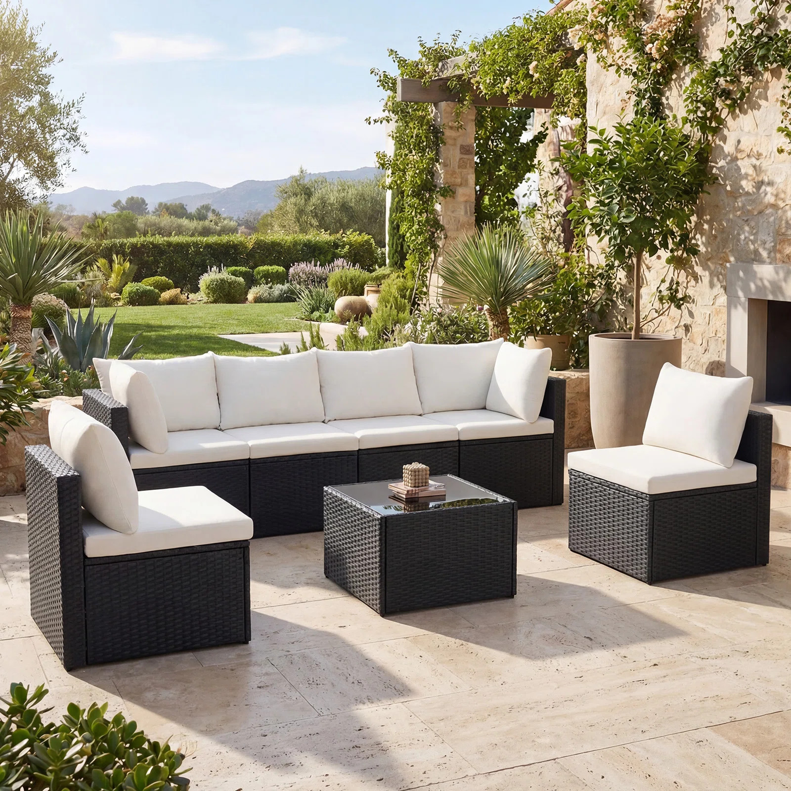 Ebern Designs 7-Piece Outdoor Wicker Patio Seating Group With Cushions And Tempered Glass Table &... | Wayfair North America