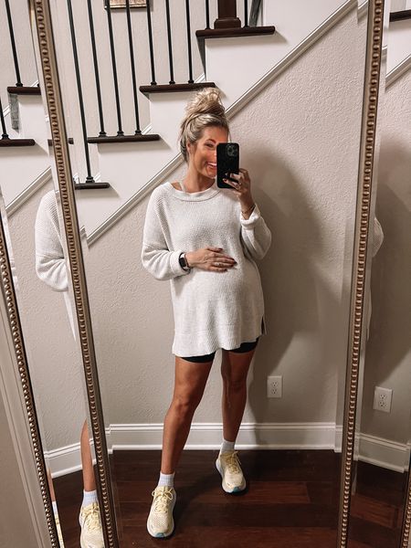 Shop today’s casual OOTD! Wearing size small in my favorite oversized Aerie waffle knit sweater & size 6 in my Lululemon align biker shorts. 

Bump friendly | fall transition | maternity friendly 

#LTKunder50 #LTKbump #LTKunder100