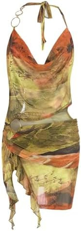 Women Sexy Sheer Halterneck Mini Dress Hollow Out Colourful Mesh Floral Dress for Beach Party Nig... | Amazon (US)