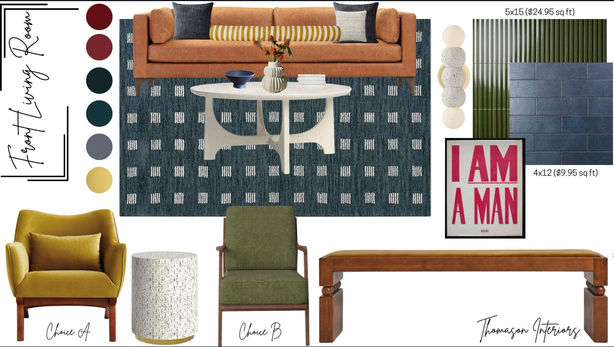 Colorful midcentury design. Rugs, entry bench, accent chairs , coffee table, sconces, fireplace tile, leather sofa end table  

#LTKSaleAlert #LTKHome #LTKStyleTip