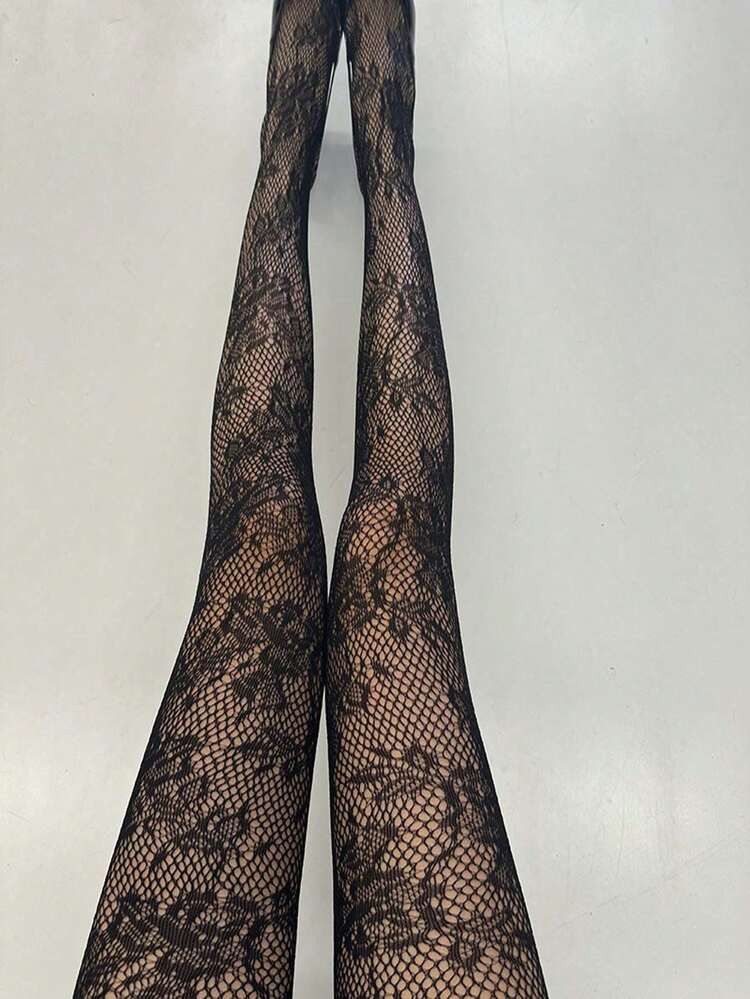 1 Paar Sexy Panty's Met Visnetmotief Voor Dames, Zwart Bloemenpatroon, Straatmode, Sexy, Veelzijdige Panty's | SHEIN