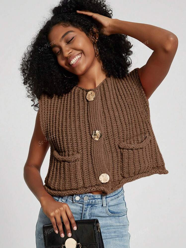 Women's Solid Color Knitted Pocket Decor Thick Knit Tank Top | SHEIN