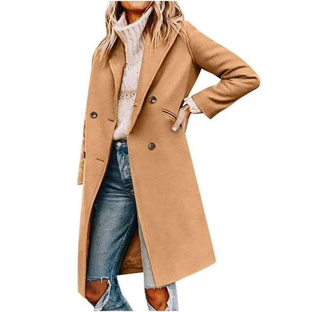 Clearance Fall Winter Pea Coat Women's Basic Essential Double Breasted Mid-Long Wool Blend Elegan... | Walmart (US)