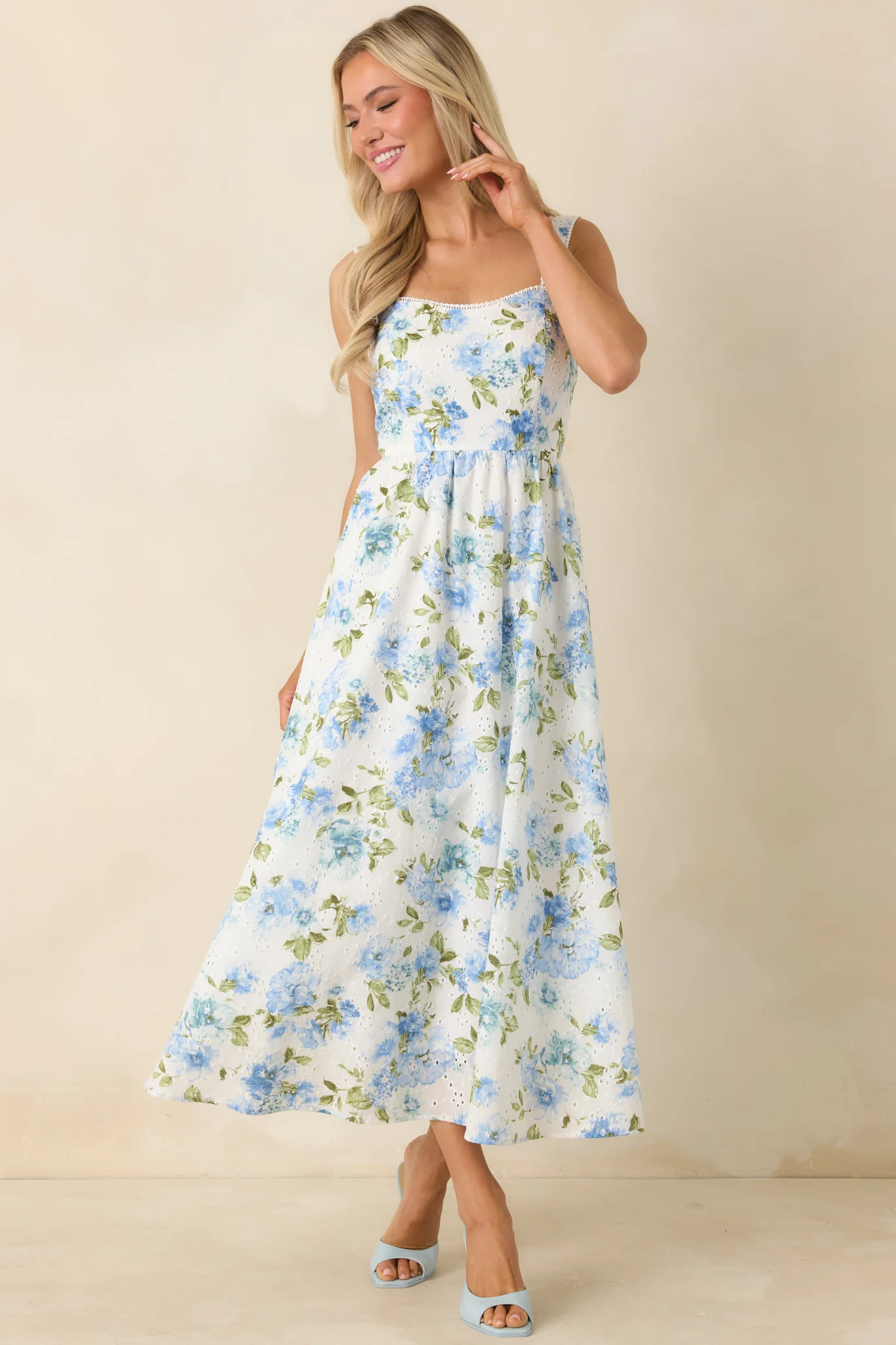 Timelessly True Blue & White Floral Eyelet Cotton Midi Dress | Red Dress