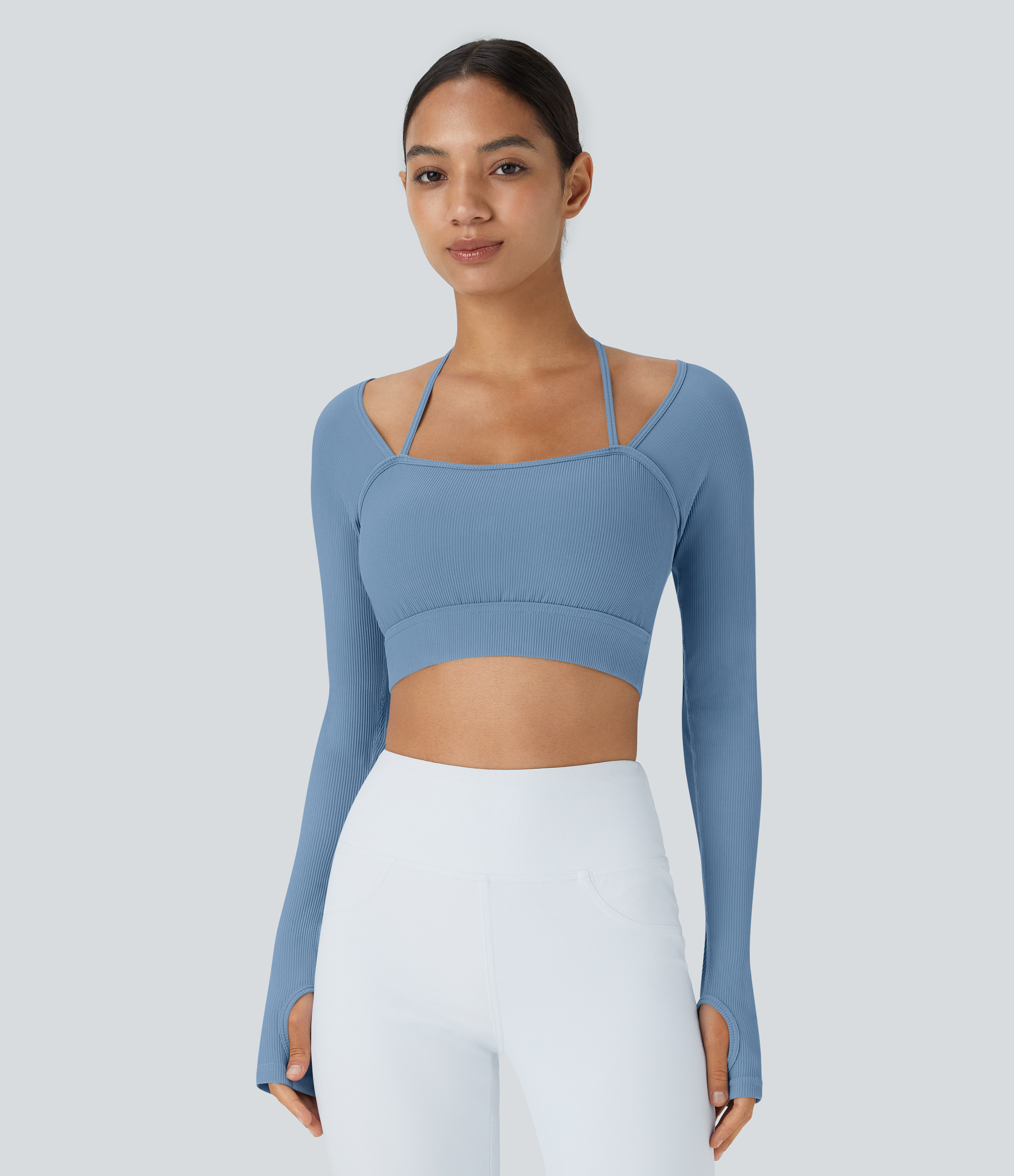 Halara Ribbed Halter Strap Thumb Hole Cropped Yoga Sports Top - Quiet Harbor - XL | HALARA