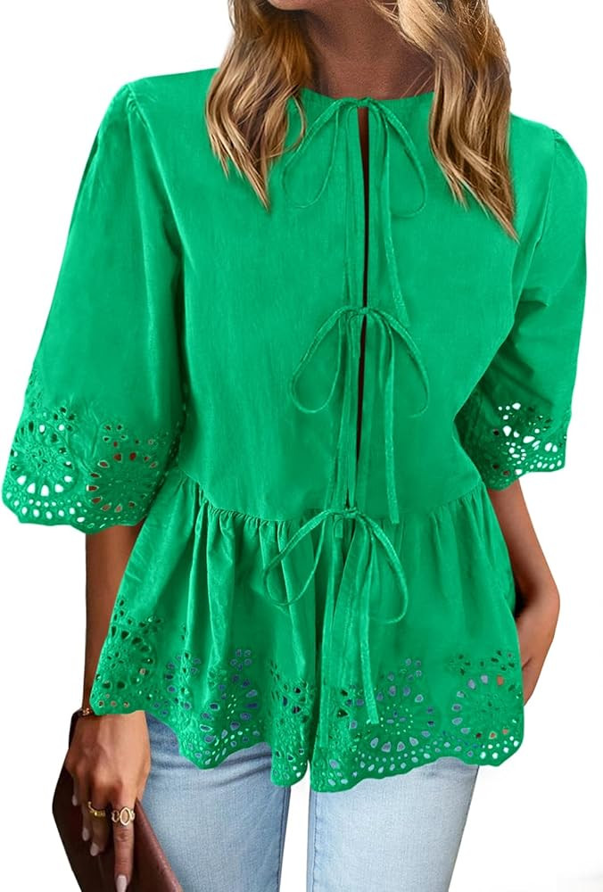 PRETTYGARDEN Tie Front Peplum Tops for Women Summer Y2K Short Sleeve Babydoll Cute Going Out Top ... | Amazon (US)