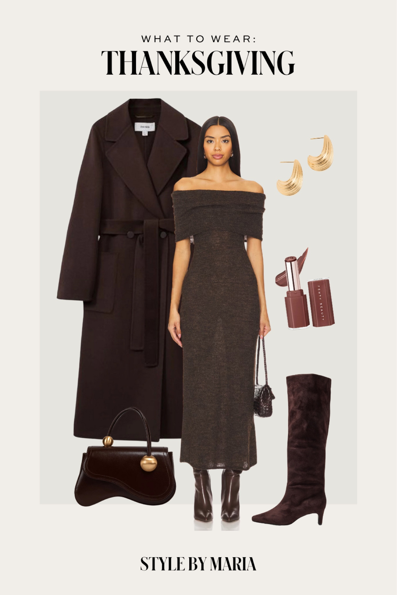 Thanksgiving outfit ideas / fall outfit
Nordstrom chocolate brown coat on sale
Revolve brown off the shoulder dress
Banana republic suede boots
Cult Gaia bag
Shopbop earrings on sale 



#LTKSeasonal #LTKShoeCrush #LTKSaleAlert