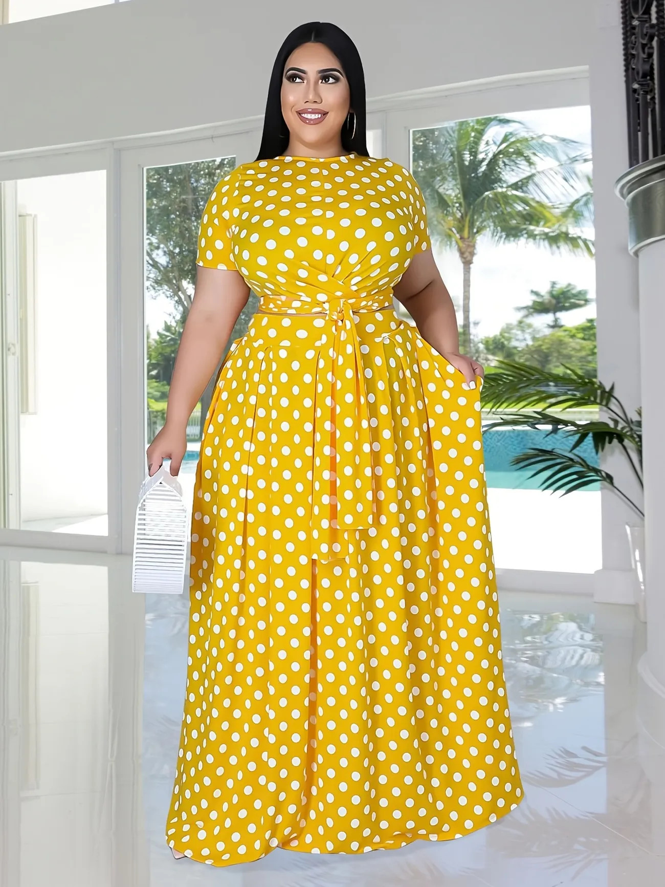 Plus Size Casual Outfits Two Piece Set, Women's Plus Polka Dot Print Short Sleeve Round Neck Knot... | Temu Affiliate Program