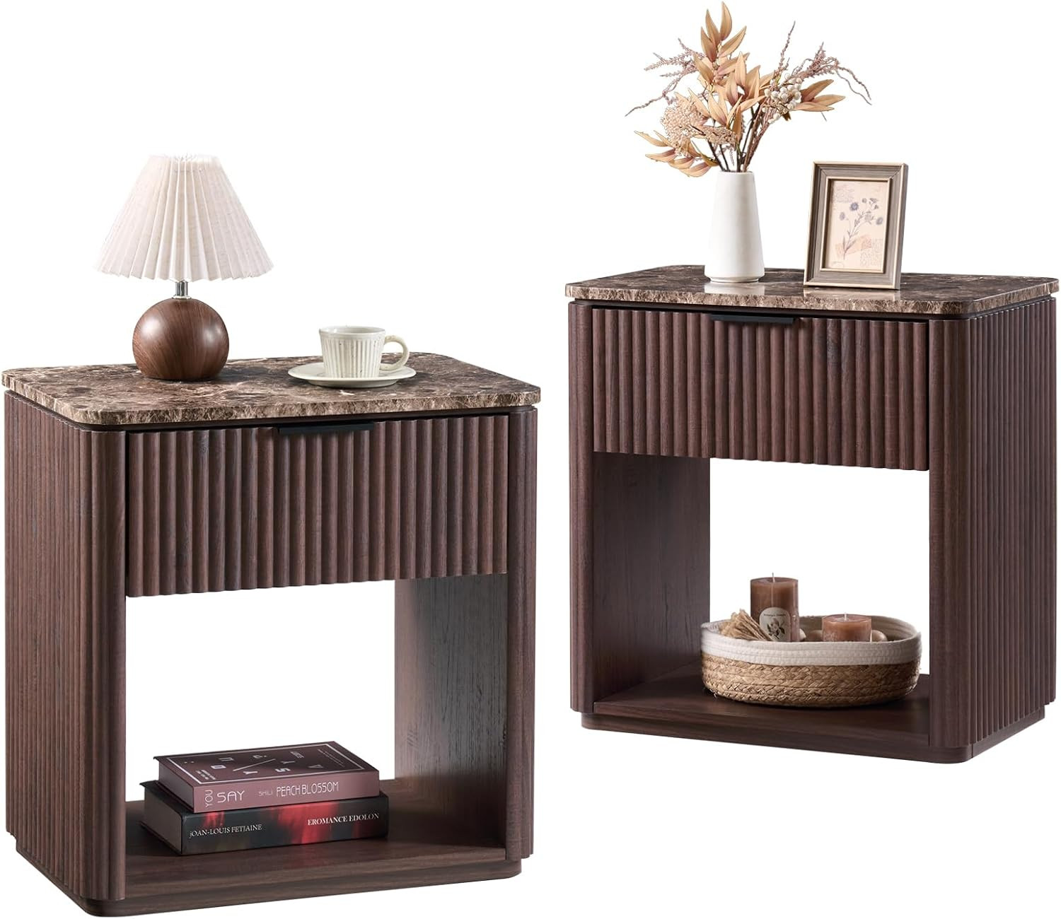 Curved Fluted Nightstand Set of 2, Faux Marble Top, Dark Oak | Amazon (US)