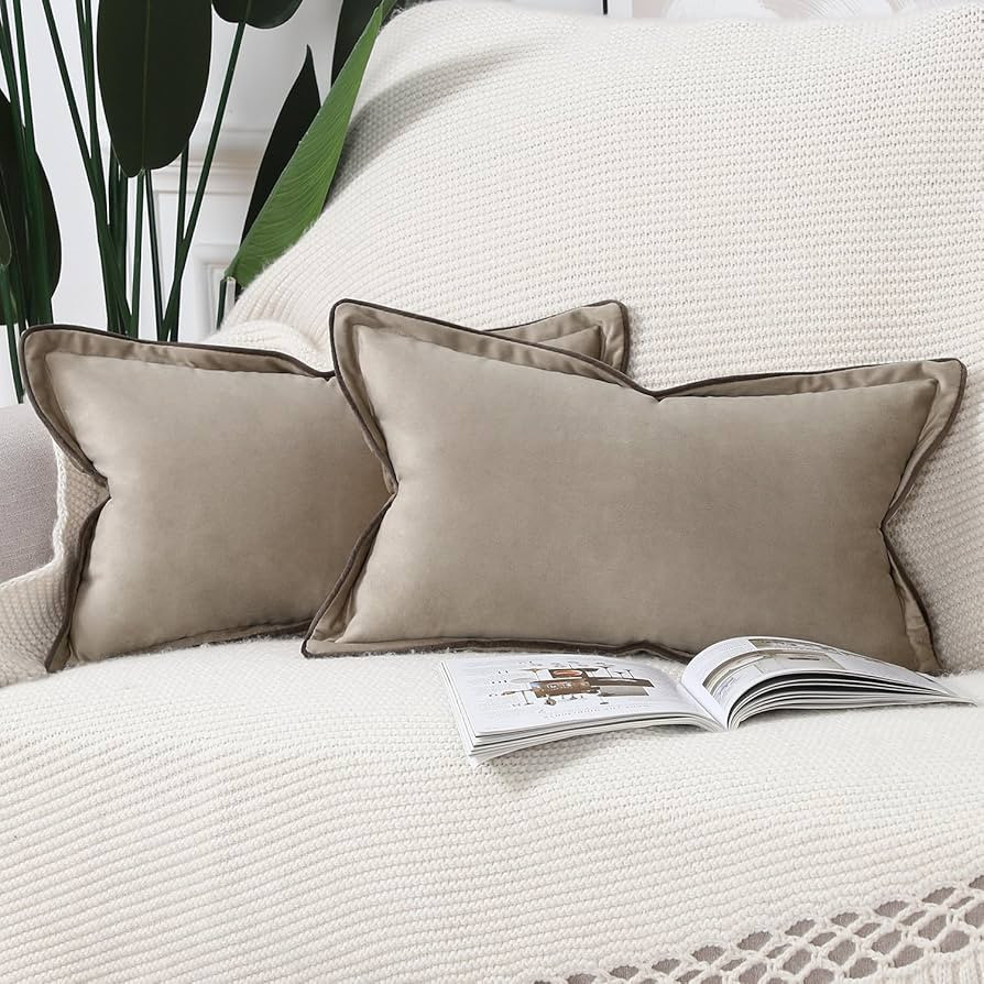 MADIZZ Set of 2 Velvet Fringed Throw Pillow Covers 12x20 Inch Light Taupe Soft Decorative Cushion... | Amazon (US)