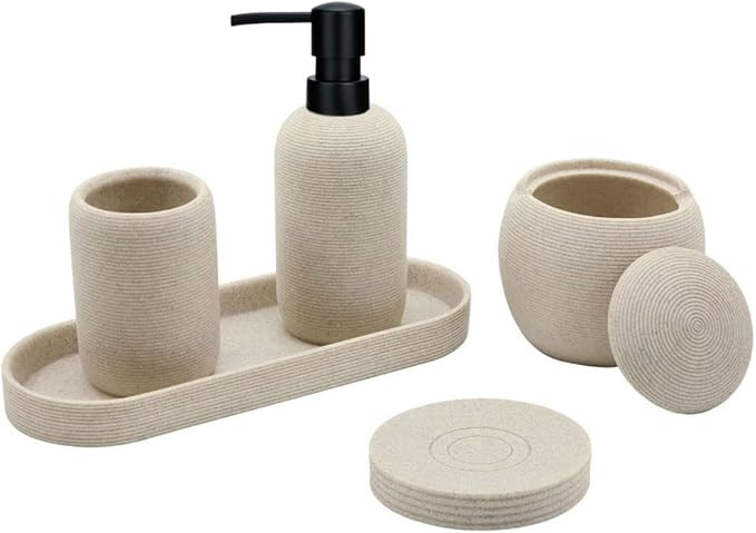 Beige Resin Bathroom Accessory Set, 5 Pcs Bathroom Accessories Set with Lotion Dispenser,Soap Dis... | Amazon (US)