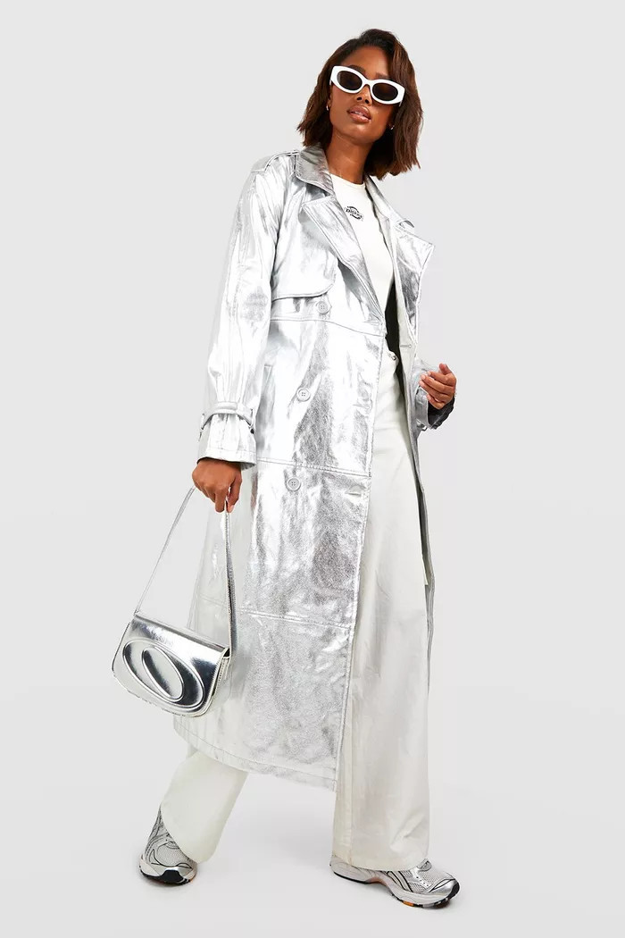 Metallic Double Breast Faux Leather Maxi Trench Coat | boohoo (US & Canada)
