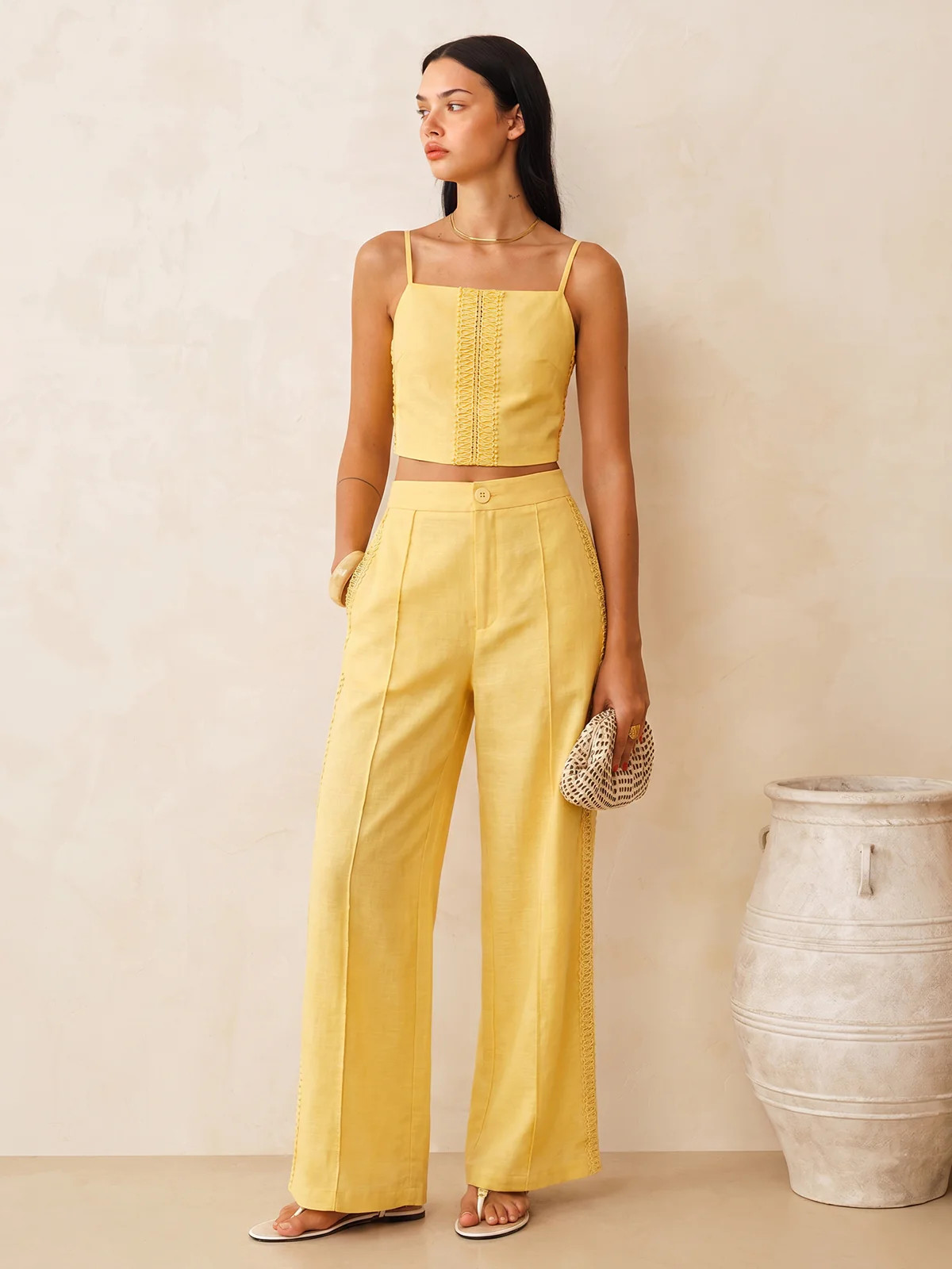 Cotton Linen Lace Trim Cami Top & Pants Set | Commense