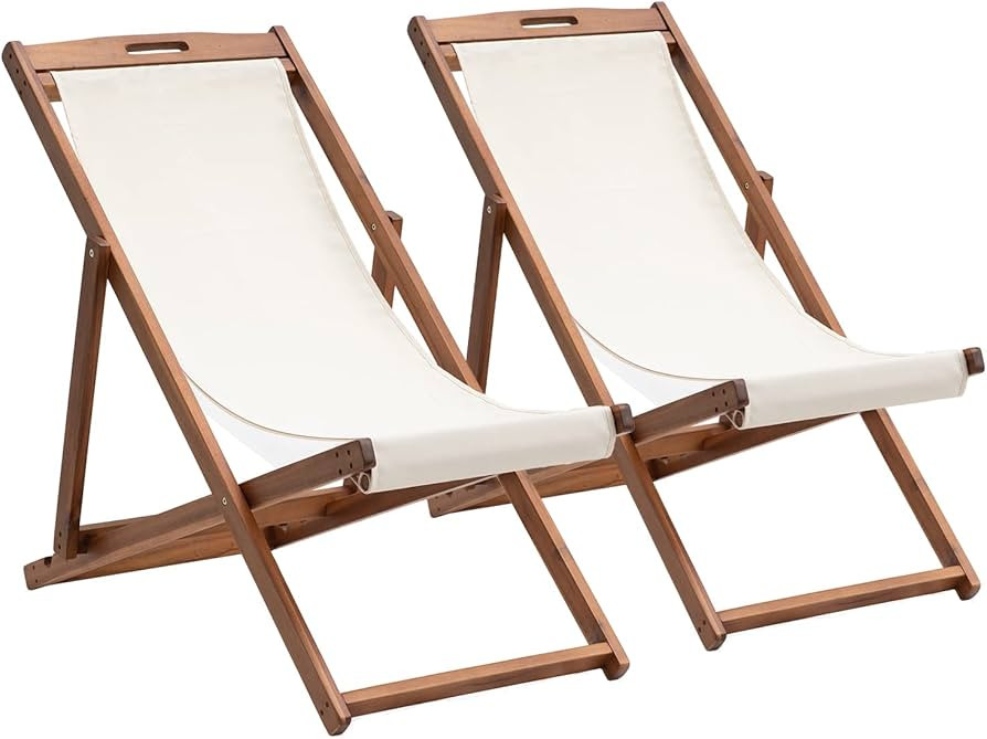 Outdoor Wooden Patio Lounge Chair 2 Set Beach Sling Chair Set Height Portable Reclining Beach Cha... | Amazon (US)
