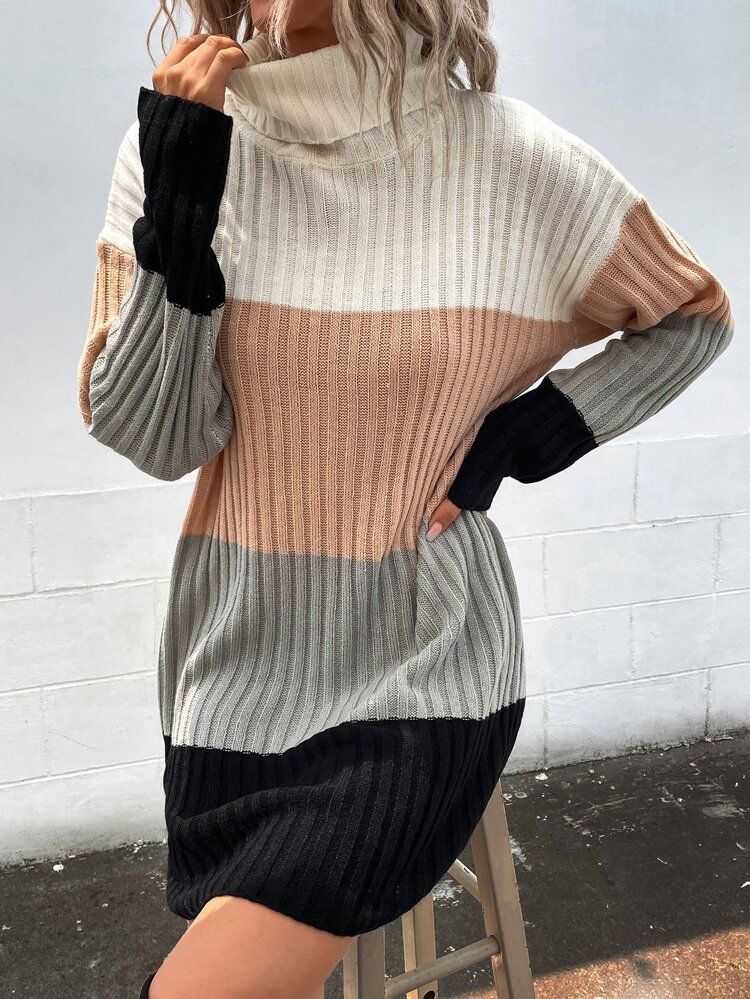 Colorblock Turtle Neck Drop Shoulder Sweater Dress Without Belt | SHEIN