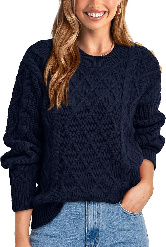 BTFBM Women's Long Sleeve Cable Sweater Crew Neck Button Shoulder Oversized Casual Fall Winter Kn... | Amazon (US)