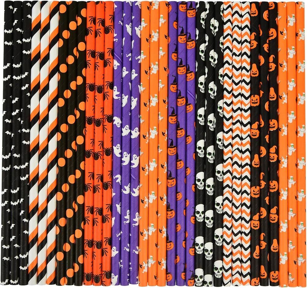 ALINK 100 Counts Halloween Paper Straws, 10 Styles Black White Orange Purple Biodegradable Party ... | Amazon (US)