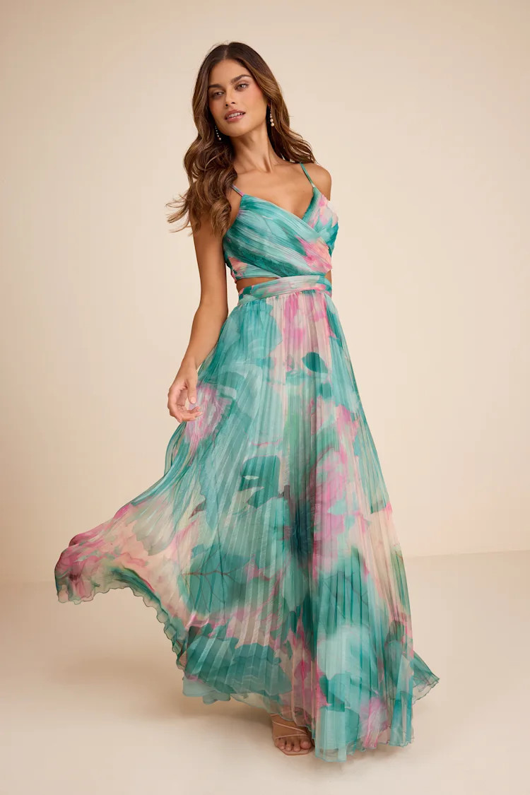Estelle Teal Blue Floral Pleated Cutout Maxi Dress | Lulus
