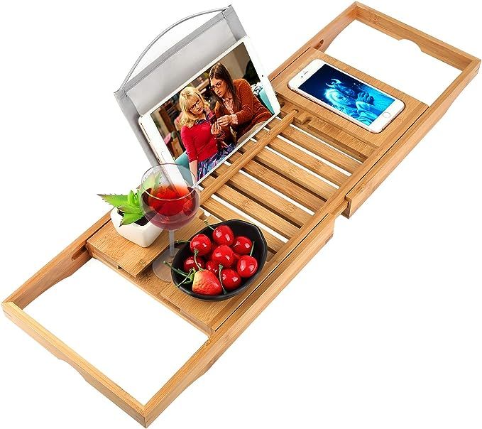 oobest Bathtub Tray Bamboo Bathtub Caddy Tray with Extending Sides Adjustable Book Holder with Pr... | Amazon (US)