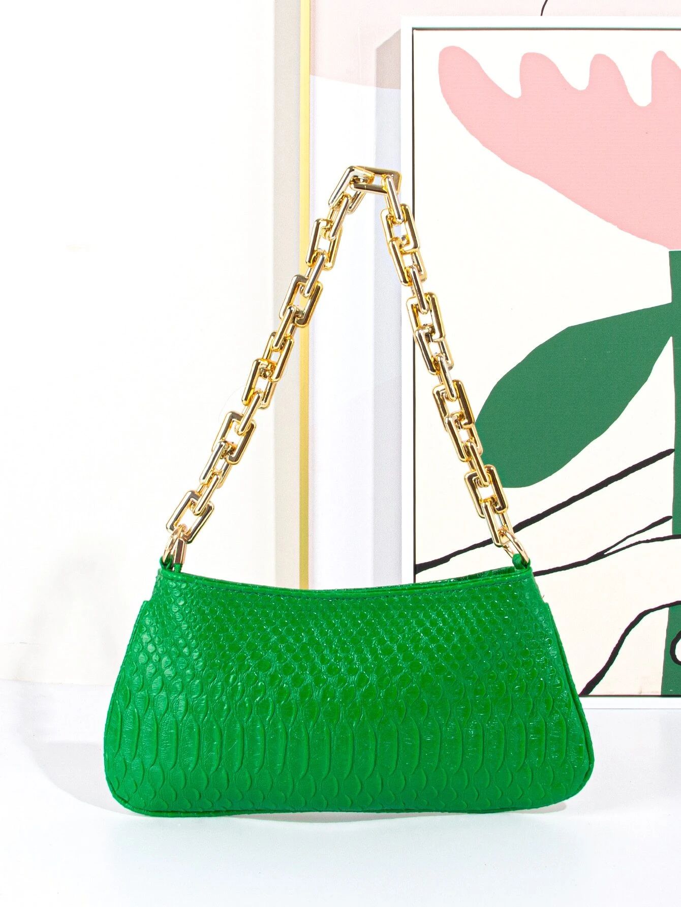 Crocodile Embossed Chain Baguette Bag | SHEIN