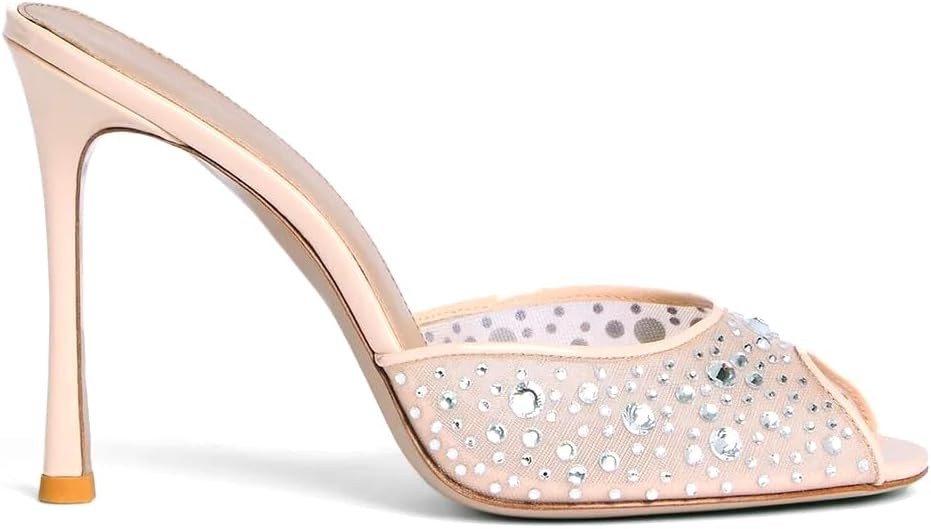 Stiletto Heels for Women Mesh Round Open Toe Rhinestone Mules High Heels Slip On Heeled Sandals D... | Amazon (US)