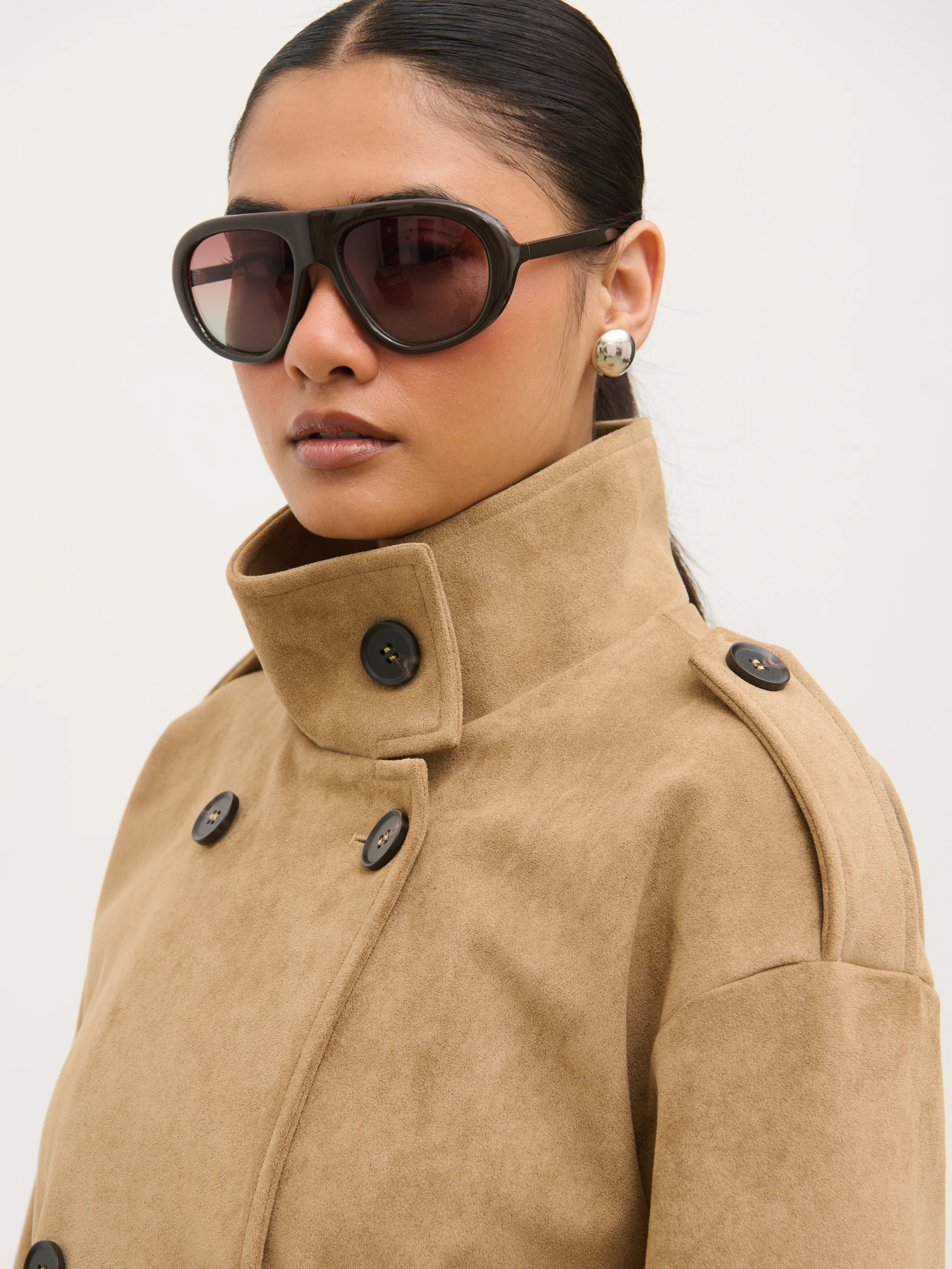 Sophie Faux Suede Funnel Neck Jacket - Taupe | Pretty Lavish (UK)