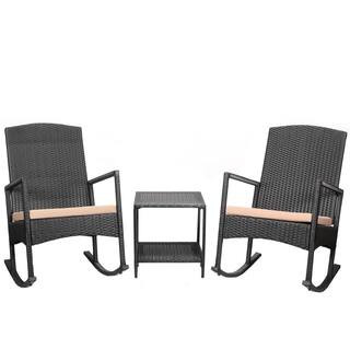 Barton 3-Pieces Black Arm Chair Outdoor Patio Rattan Wicker High-Back Rocker Cushioned Chair Set ... | The Home Depot