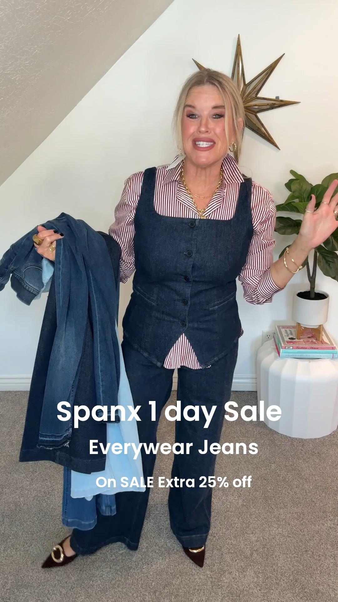 🚨 Spanx Sale
Everywhere Jeans on Sale plus extra 25% off 

SALE is ToDAY ONLY

They are all available in regular, petite and tall sizes. 

I'm wearing a mix of regular & Tall in Med 

-Wearing the Wide Leg in dark wash Regular in med

Waist band micro flare raw indigo - Tall med

Ankle Skinny jeans (great for boots) black denim  is available tall in med

Every wear Flare Jeans comes in original , black, stonewash, raw indigo, Authentic Blue I wear the regular length in med
These run long and are so flattering on the leg. 

🚨Use code WEAR25 for 25% off.

🌸My denim vest and striped button up are both Spanx as well and fit tts I am wearing a medium in both use code:
Deardarcyxspanx for 15% off none sale items

🌸Shoes are Steve Madden pointed toe mules in brown suede with gold buckle 

🌸Jewelry Allie and Bess
Save 20% with code: DARCY20
Heart locker Kira chair
Gold bangles 


#LTKFallSale #LTKFindsUnder100 #LTKSaleAlert