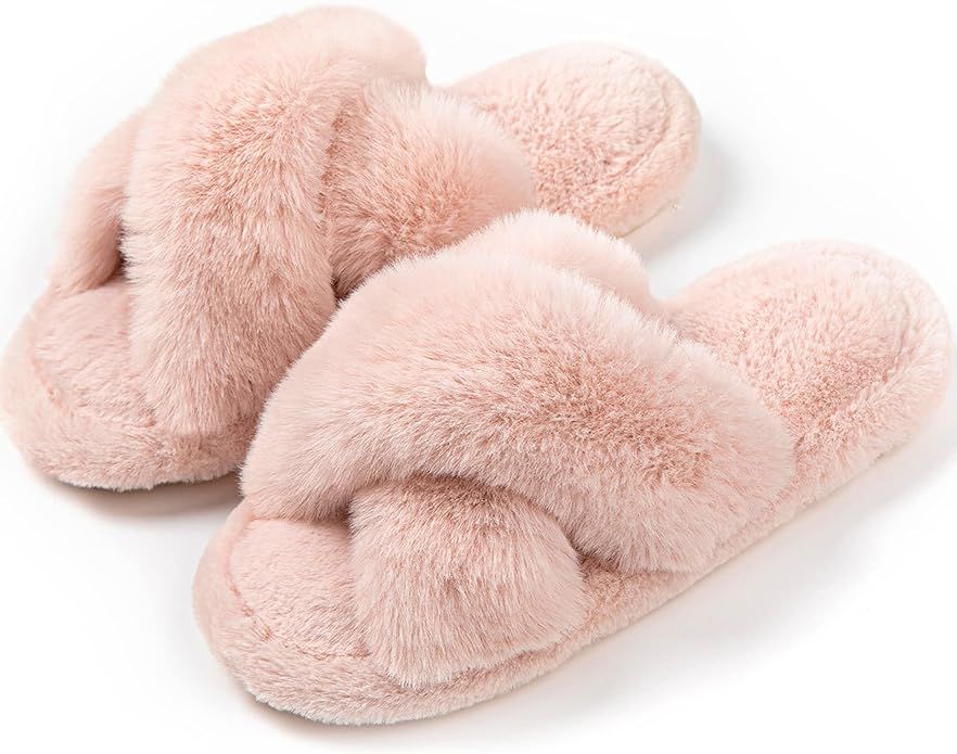 Tonchberry Cross Band Faux Fur Fuzzy Slippers for Women Plush Fluffy Furry Open Toe Slide Slipper... | Amazon (US)