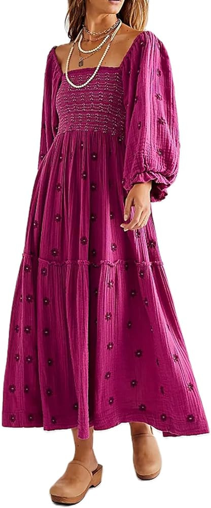 Women's Flower Embroidered Maxi Dress Lantern Sleeve Square Neck Tiered Flowy Spring Fall Dress | Amazon (US)