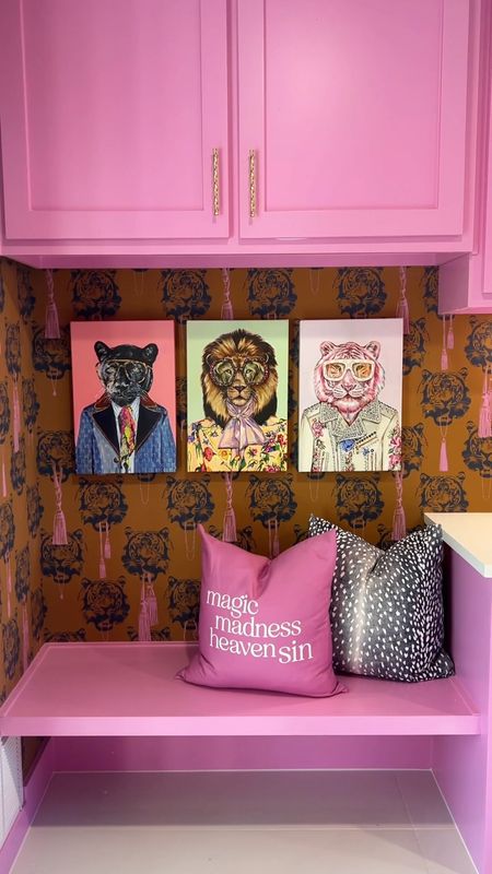Laundry room/office. My laundry room was in my kitchen before the reno  
Paint: Benjamin Moore pretty pink Wallpaper: Lisa Bengtsson Coco Tiger #laundryroommakeover #laundryroomideas #laundryroomdecor #colorfulhome #colorfulhomedecor #colorfulinteriors 

#LTKVideo #LTKhome #LTKstyletip