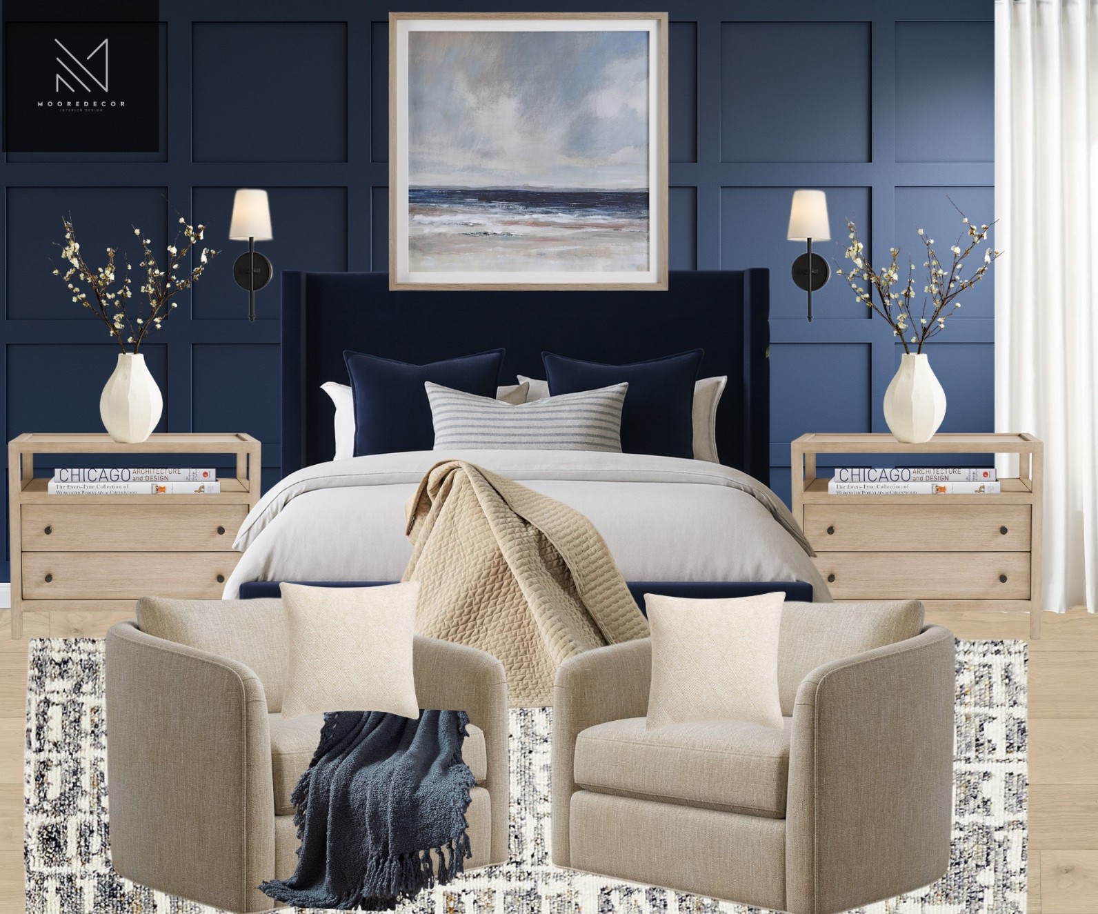 Deep navy meets soft neutrals for the perfect balance of bold and serene. This modern bedroom design layers rich textures, clean lines, and a touch of coastal calm, making it both stylish and inviting. Would you go bold with a navy accent wall in your own space? 💙🤍

#LTKHome #LTKStyleTip