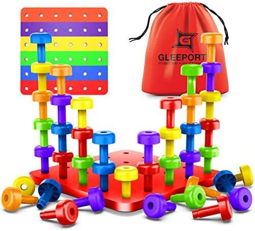 Stacking Peg Board Set Toy | 30 Pegs & Board + Free Storage Bag + Free Colorful Board | STEM Co... | Amazon (US)