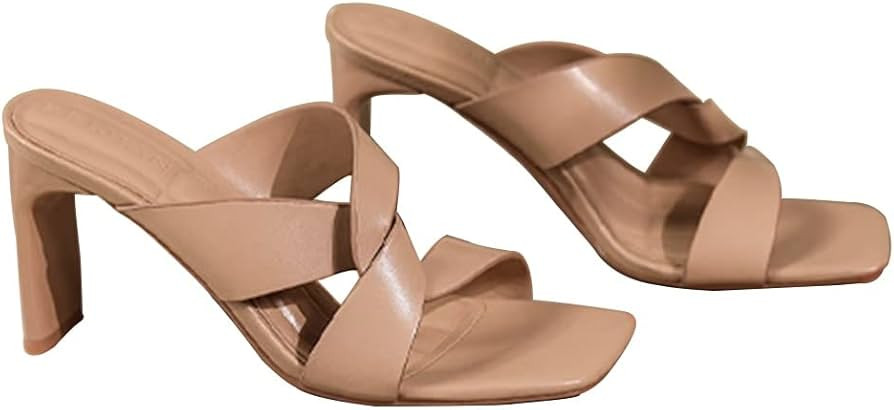 Slip On Block Heeled Classic Slides,Women's Summer Dress Sandals,Square Toe Shoes,Chunky Heel Cro... | Amazon (US)