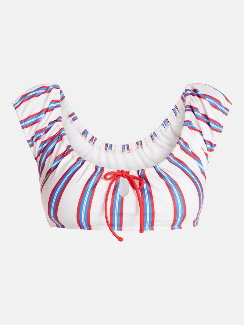 No Boundaries Striped Swim Bikini Top with Cap Sleeves, Women's XXS-XXL | Walmart (US)