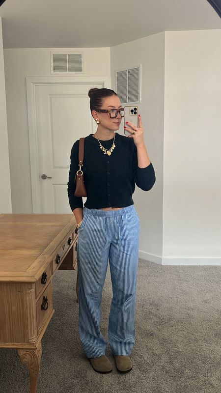 4/27/24 Casual Saturday outfit
striped pi pants, blue striped pants, cardigan sweater, navy blue cardigar sweater, blue light glasses outfit, blue light glasses, Birkenstock boston clogs, Boston clogs outfit, spring transition outfits, spring outfits, spring fashion trends 2024, spring trends 2024