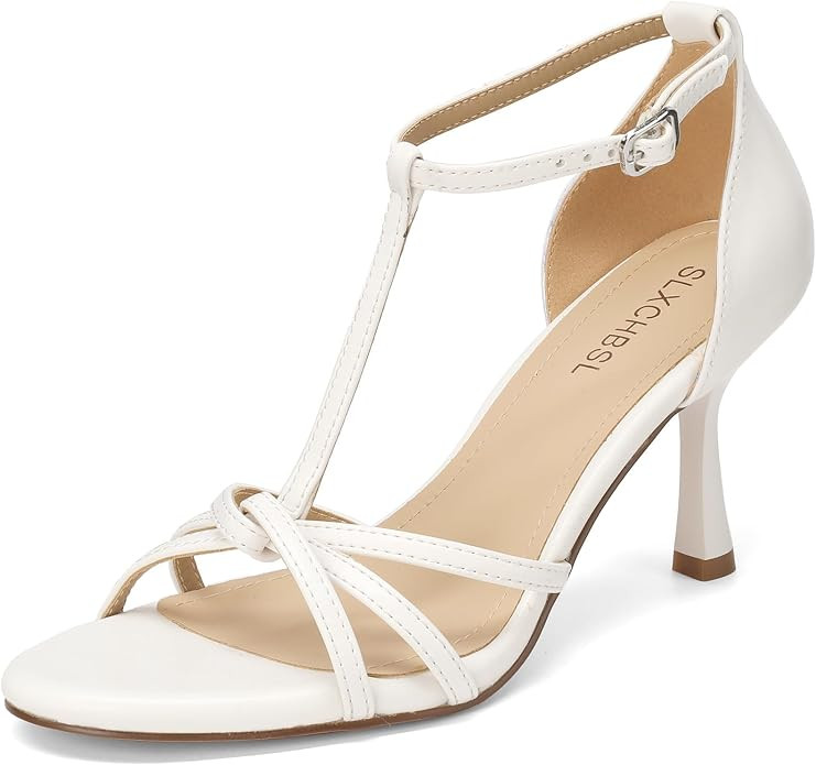 Kitten Heels for Women, T-Strap Round Open Toe Heeled Sandals, Strappy Ankle Strap Shoes for Part... | Amazon (US)