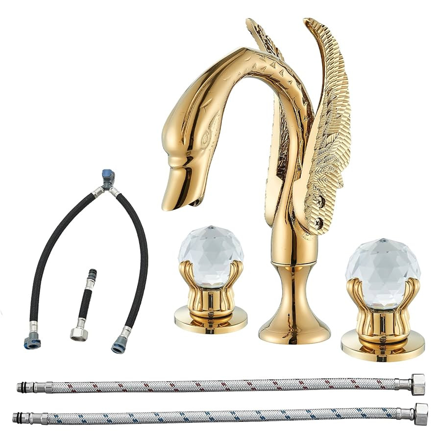 Widespread Bathroom Facuet Gold Swan Bathroom Sink Faucet 3 Hole 2 Handle Crystal Bathroom Vanity... | Amazon (US)