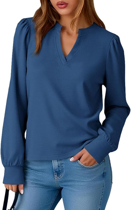 Tankaneo Womens Puff Long Sleeve Tunic Tops Trendy Casual V Neck Fall Shirts Loose Fit Basic Tees | Amazon (US)