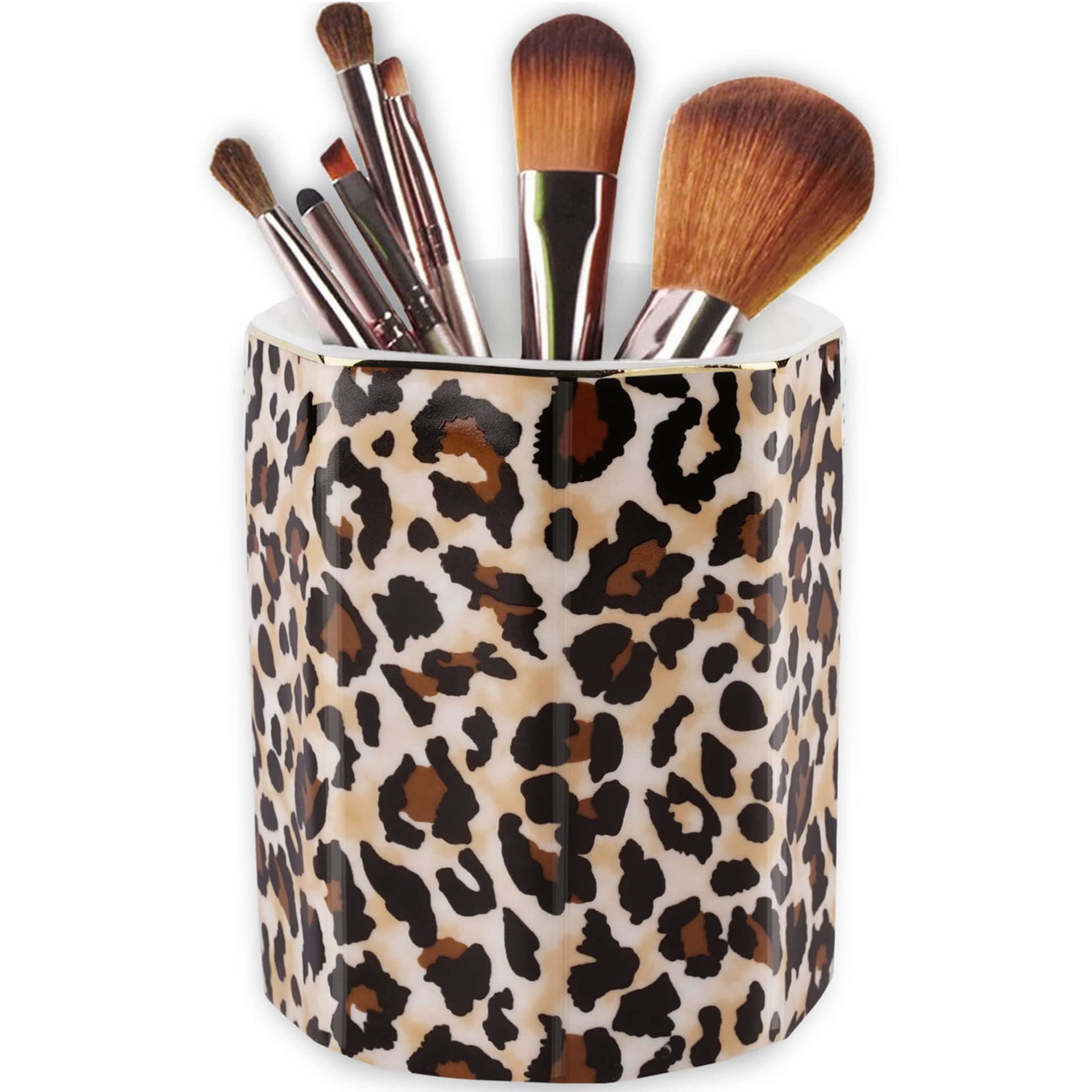 Jwest Pen Holder, Makeup Brush Holder Ceramic Shiny Gold Leopard Cheetah Pattern Animal Pencil Cu... | Amazon (US)