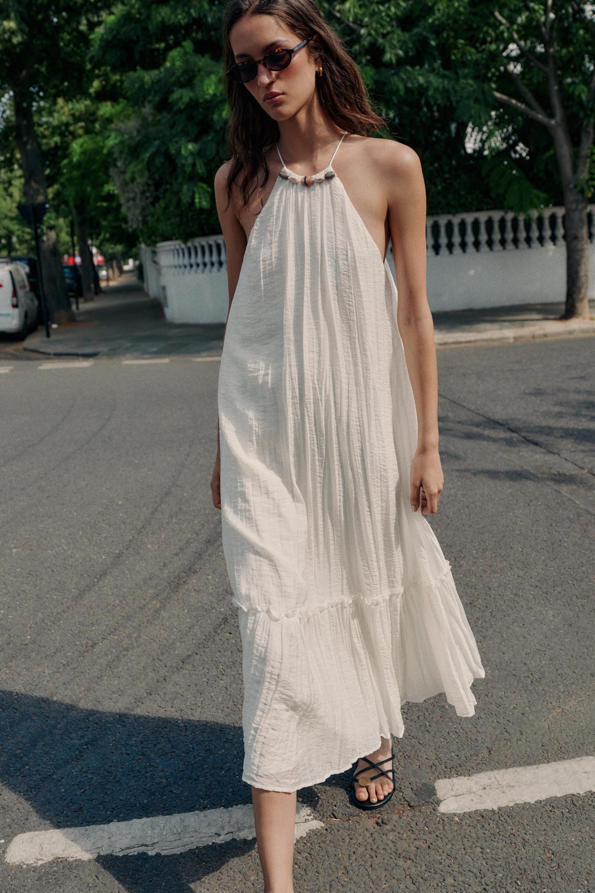 BEADED CRINKLE-EFFECT MIDI DRESS | Zara UK