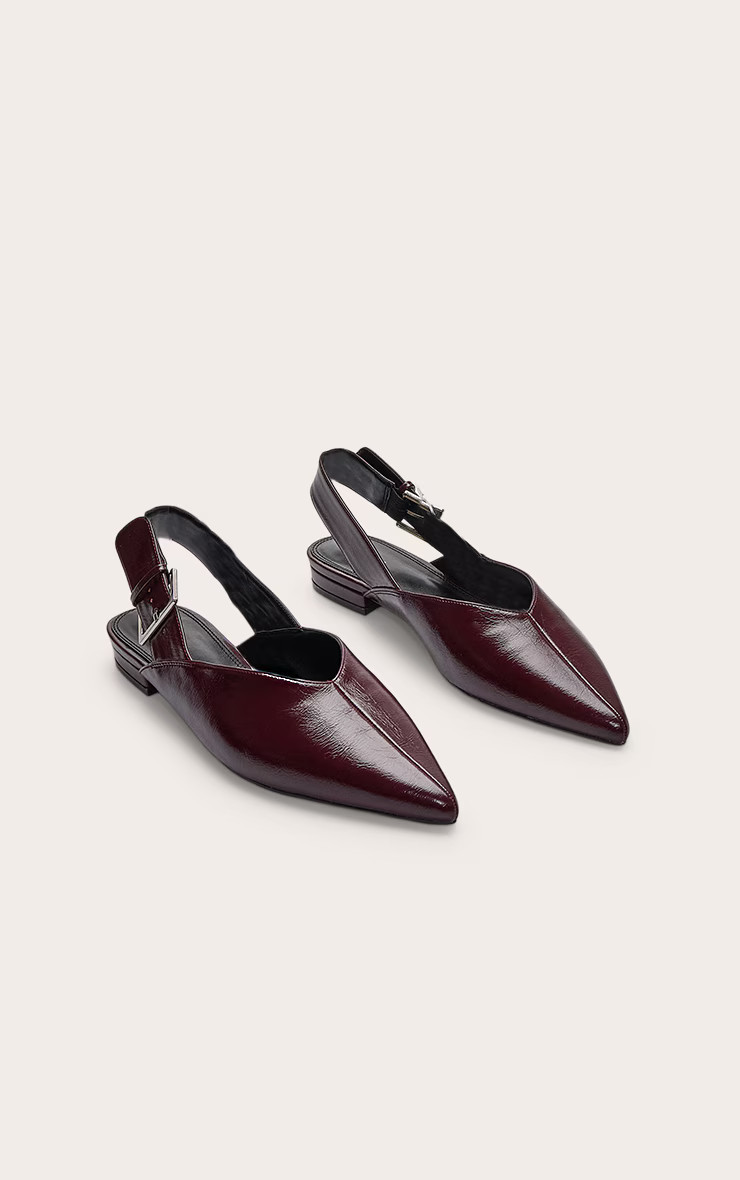 Burgundy Crinkle PU Buckle Point Toe Sling Back Mules | PrettyLittleThing UK