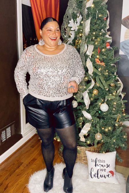 Holiday Outfit Idea - Sequin Top with Black Leather Shorts and Booties
Holiday Party Outfit Celebration New a year’s Outfit

#LTKHoliday #LTKparties