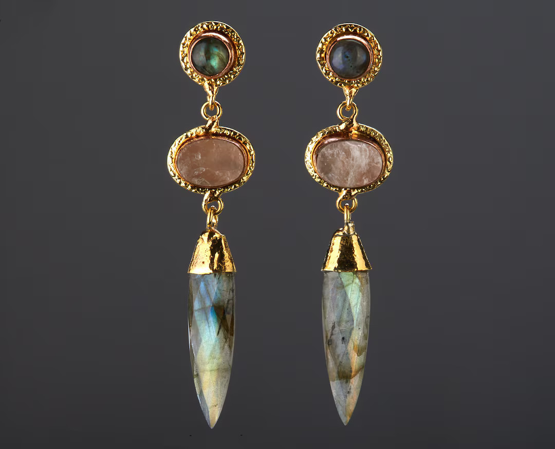 Three Tier Labradorite Earring With Pink Stone Middle Button,labradorite Spike,mixed Nature Stone... | Etsy (US)