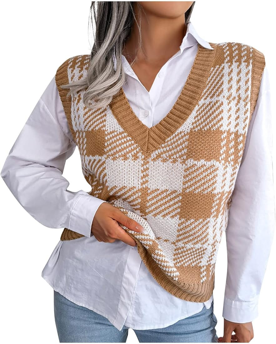 Women's Sweater Vest V-Neck Casual Loose Knit Sweater Vest Aesthetic Clothes | Amazon (US)
