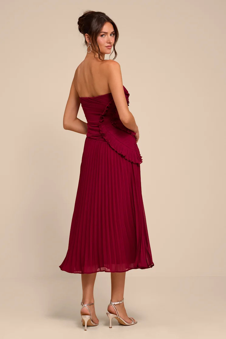 Talicia Burgundy Pleated Ruffled Midi Dress | Lulus