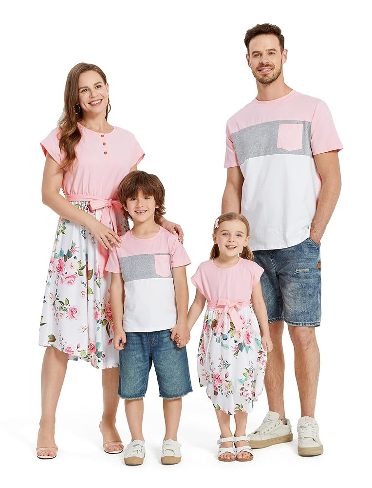 PATPAT Family Matching Outfits Short Sleeve Belted Spliced Pattern Print Dresses and Casual T-Shi... | Amazon (US)